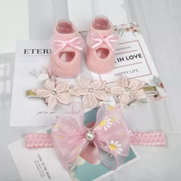 Baby Girl Pink Bow Headband and Socks Set