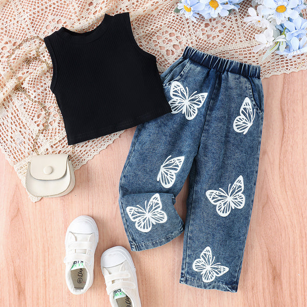 Eboo Baby Girl Butterfly Denim Outfit â?? Ribbed Sleeveless Top & Butterfly Print Jeans (2-Piece Set)