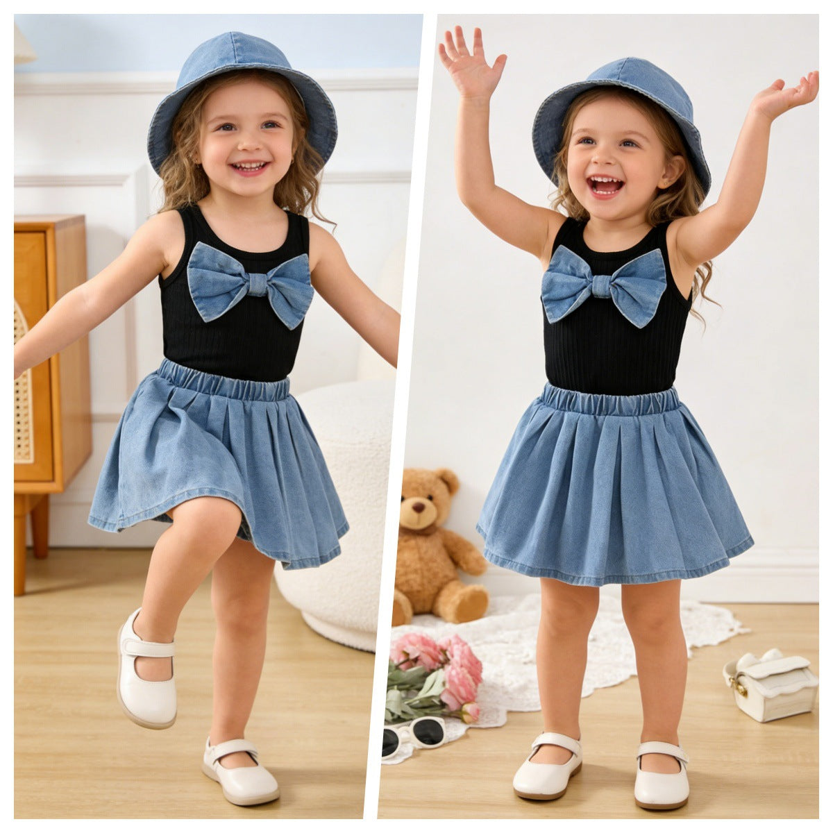 Eboo Baby Girls Black & Blue Bow Sleeveless Top with Flared Skirt – 2-Piece Outfit Set