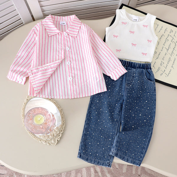 Eboo Baby Girl 3-Piece Fashion Outfit â?? Striped Shirt, Ribbed Bow Tank Top & Rhinestone Denim Pants Set