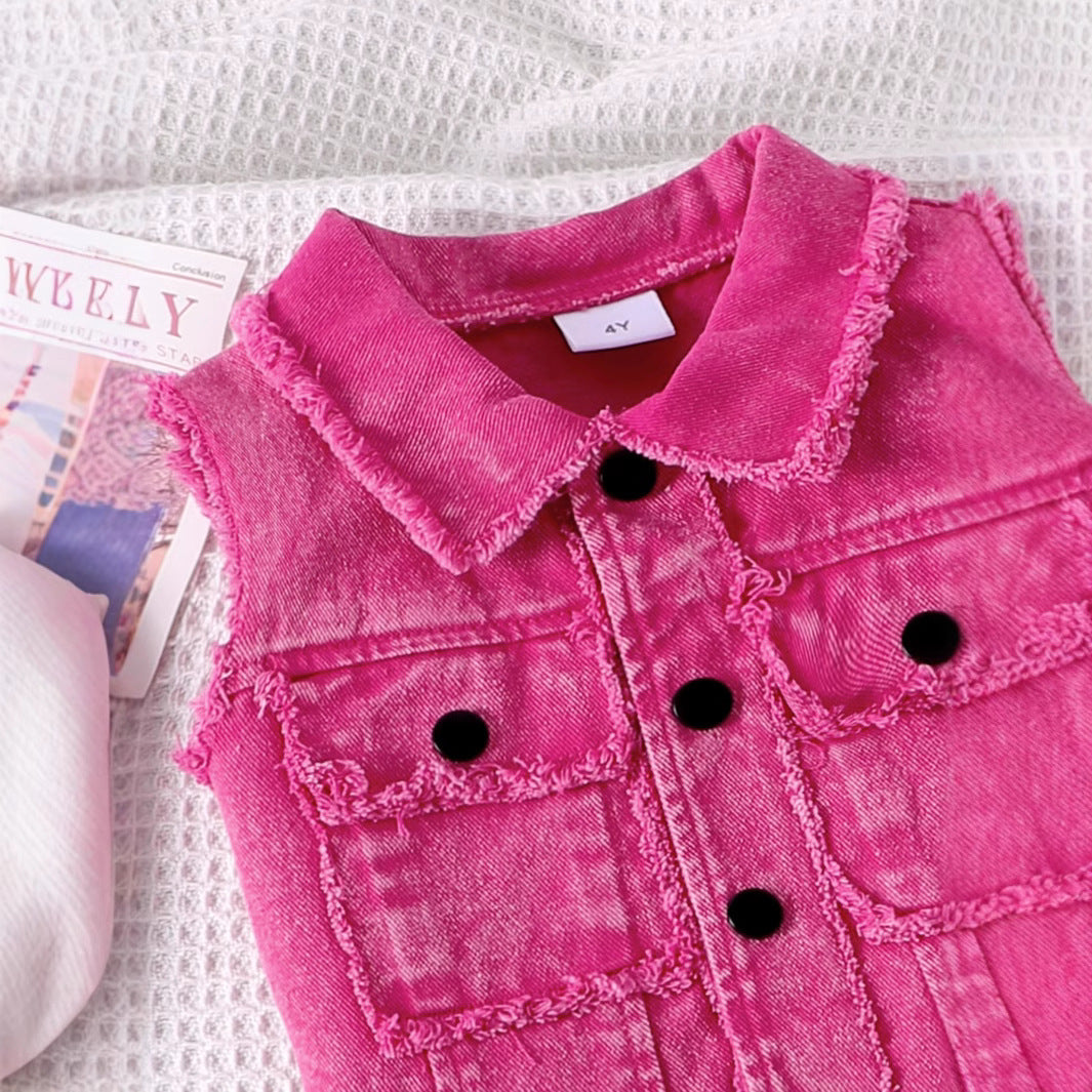 Eboo Baby Girl 2-Piece Ribbed Romper with Pink Denim Vest – Trendy Summer Outfit Set