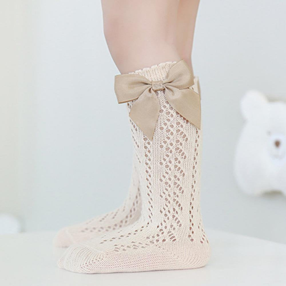 Eboo Girls Lace Knee High Socks with Bow – Pack of 4 | Soft Cotton Long Socks