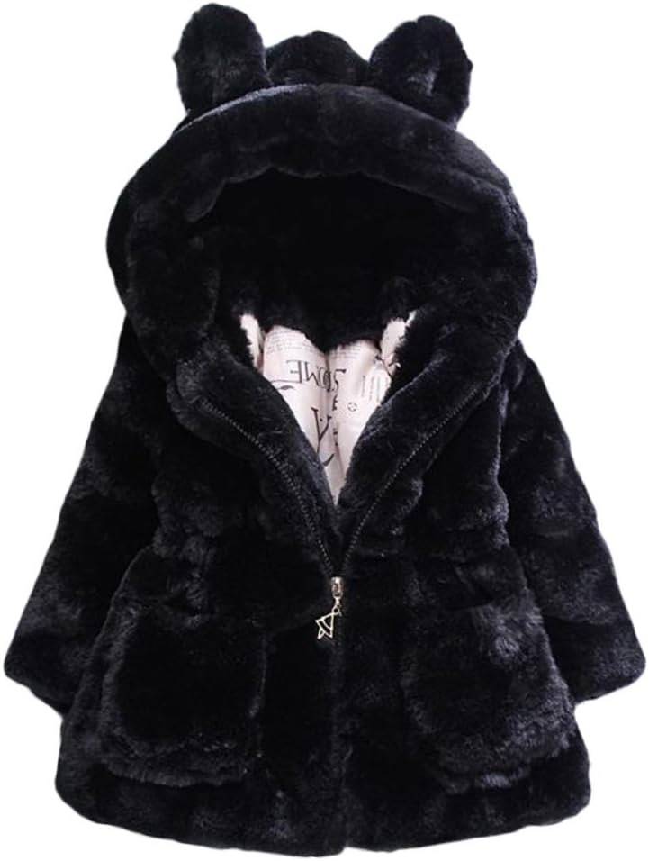 Eboo Girls Winter Warm Hooded Faux Fur Jacket with Cute Ear Design (Black)