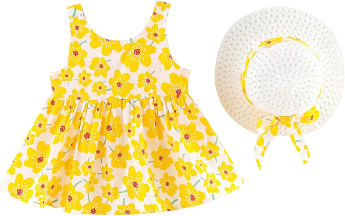 Eboo Sleeveless Bowknot Dresses Infant Floral Printed Princess Dress Hat Outfits Kid