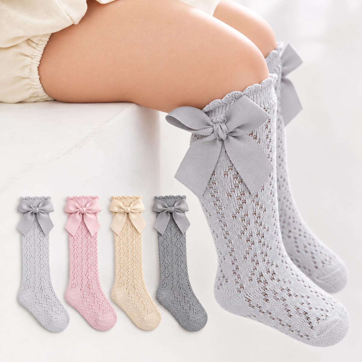 Eboo Girls Lace Knee High Socks with Bow – Pack of 4 | Soft Cotton Long Socks