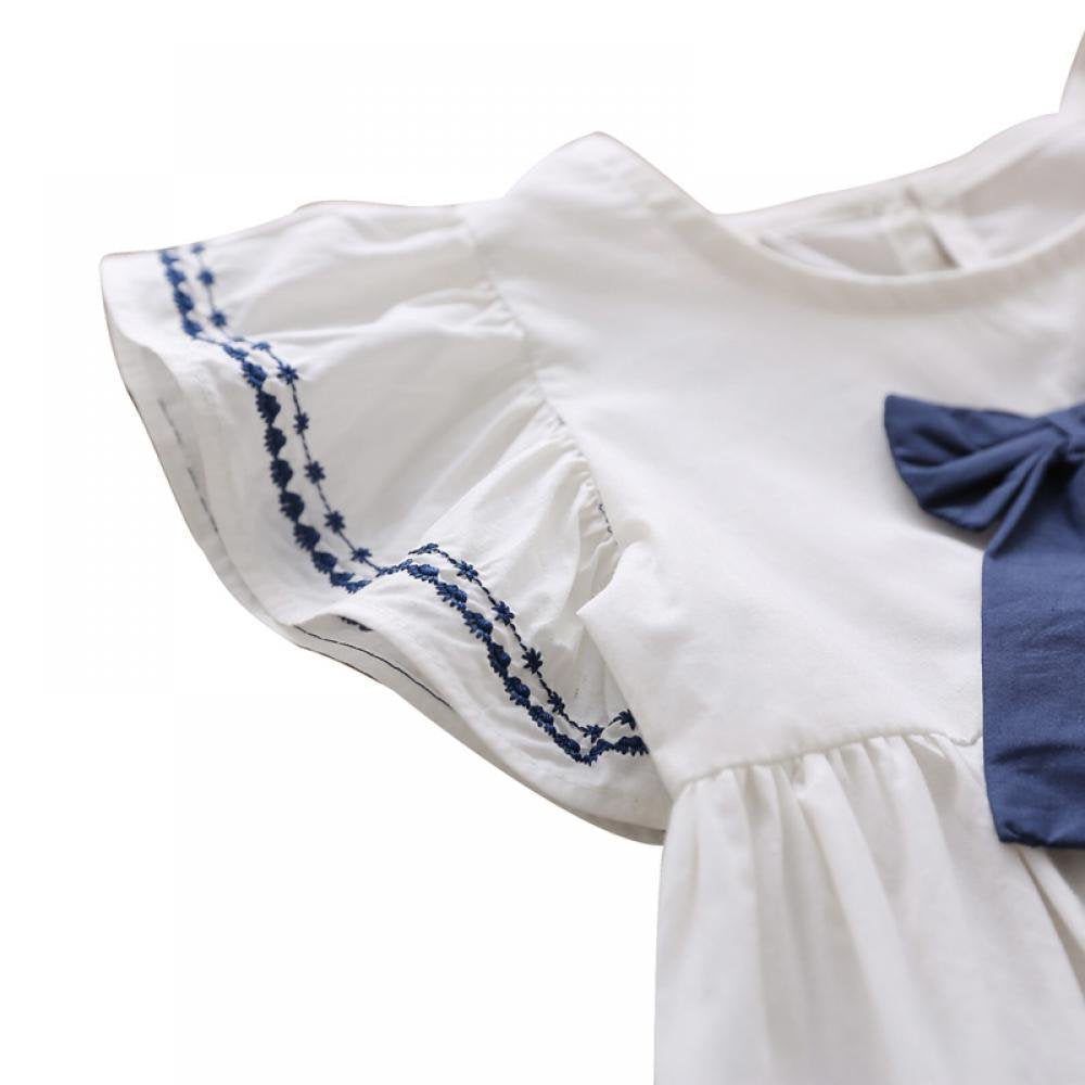 Eboo Cotton Plain White with Blue Bow Dress