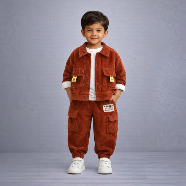 Baby Boyâ??s Maroon Corduroy Jacket & Pants Set