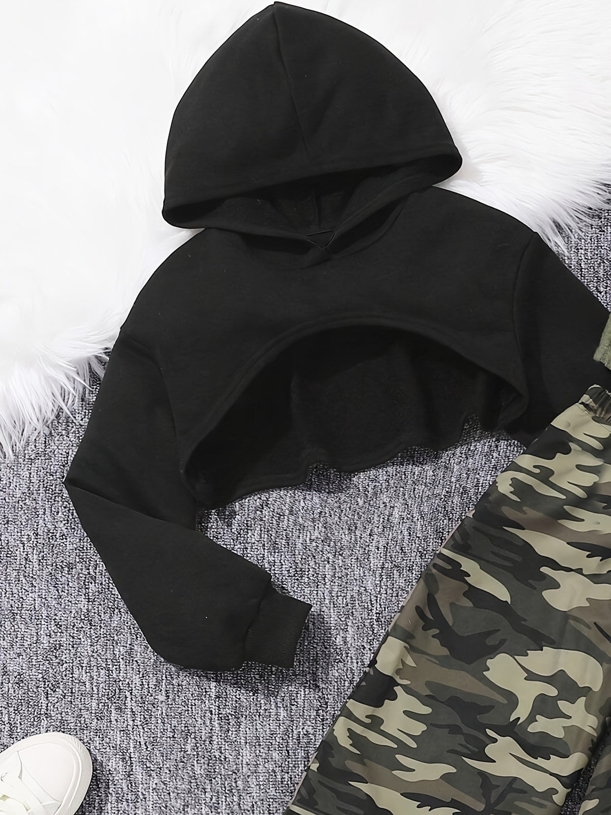 Eboo Tween Girl Solid High-low Hem Hoodie & Camo Print Pants & Tank Top