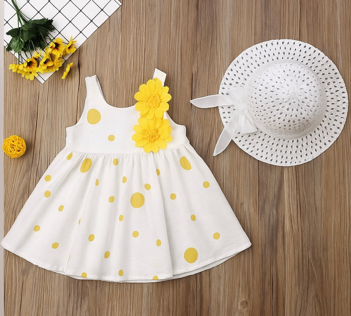 Eboo Summer Yellow Polka Dot Skirt with Hat Dress set