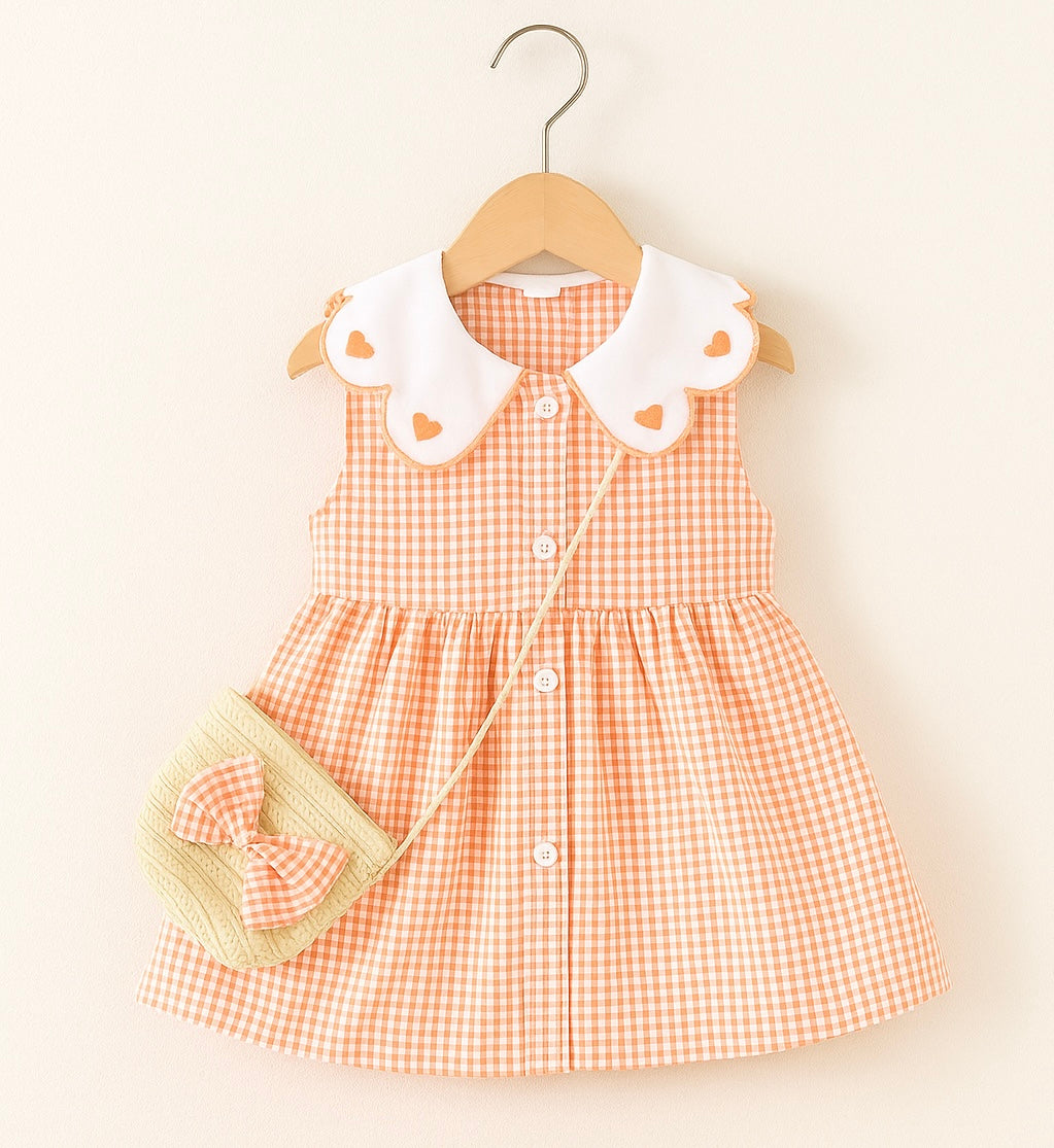 Eboo Cute Sleeveless Heart Print Dress+Bag Set (ORANGE).