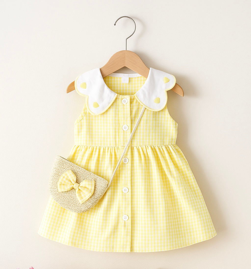 Eboo Baby Girls Sleeveless Heart Print Dress+Bag Set (YELLOW)