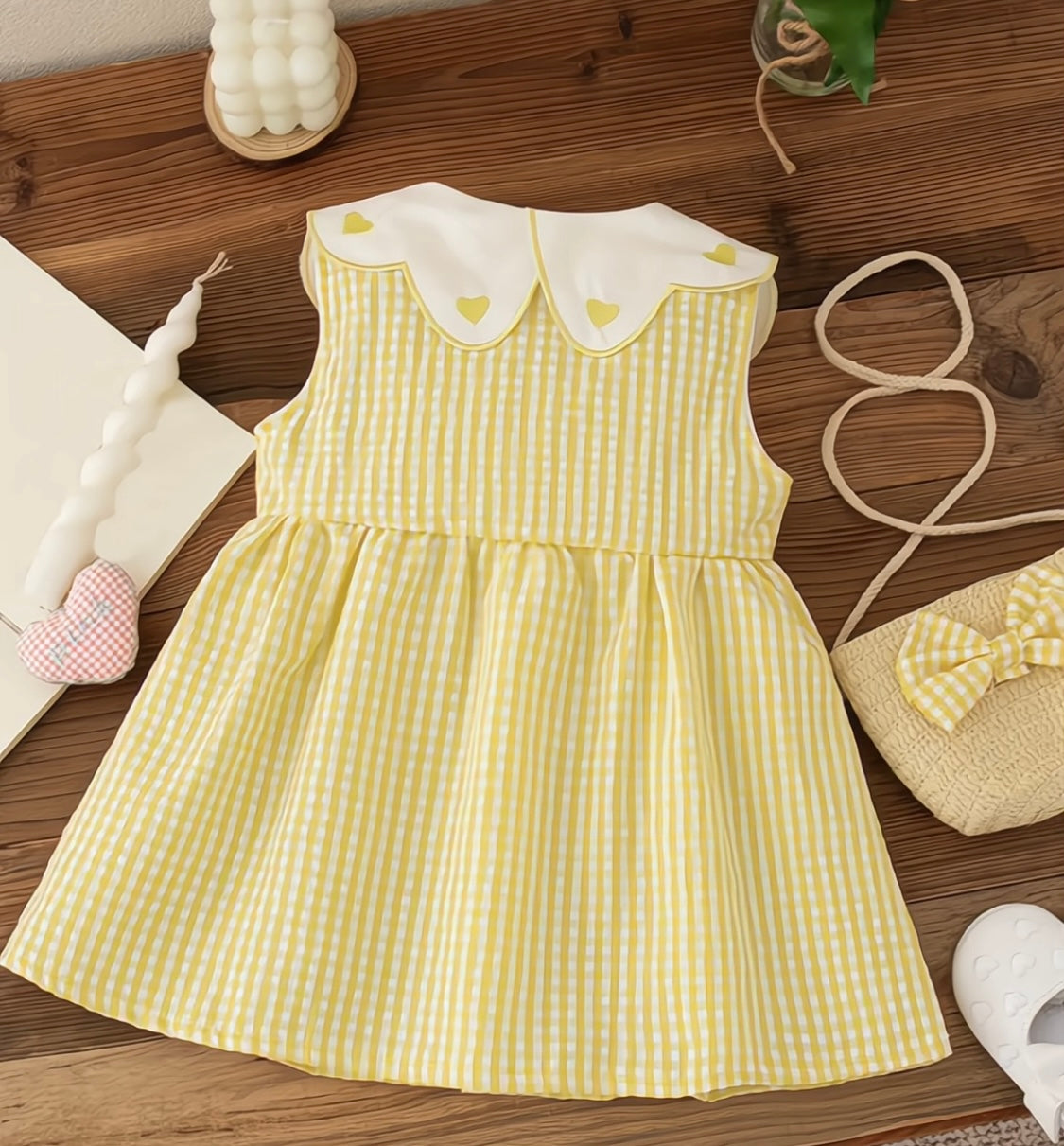 Eboo Baby Girls Sleeveless Heart Print Dress+Bag Set (YELLOW)