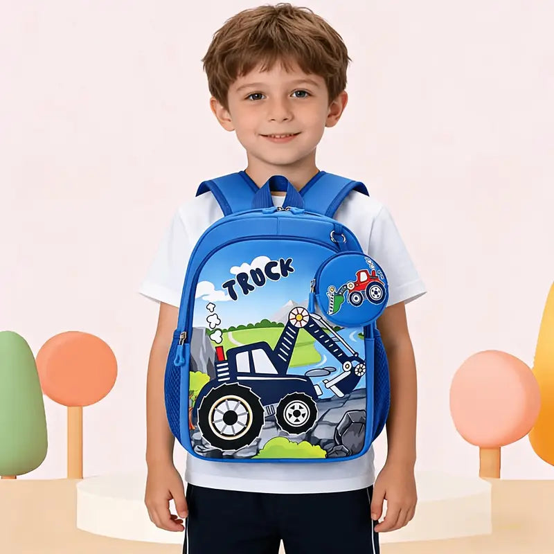 Eboo Kids Blue Truck School Backpack with Matching Mini Pouch