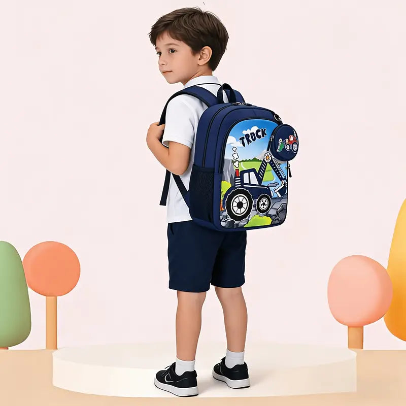 Eboo Kids Blue Truck School Backpack with Matching Mini Pouch