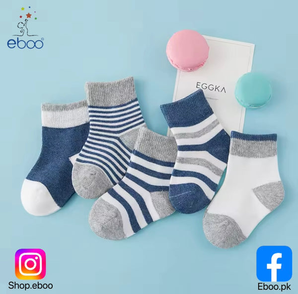 5-Piece Baby Boy/Girl Cotton Socks Set with Stripes & Color Blocks