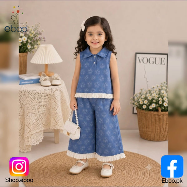 Eboo Baby Girls Blue Floral Sleeveless Collar Top & Wide Leg Pants Co-Ord Set