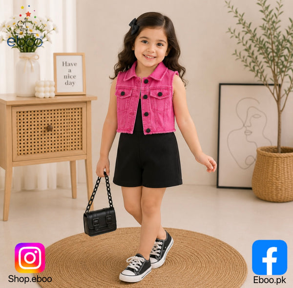 Eboo Baby Girl 2-Piece Ribbed Romper with Pink Denim Vest â?? Trendy Summer Outfit Set