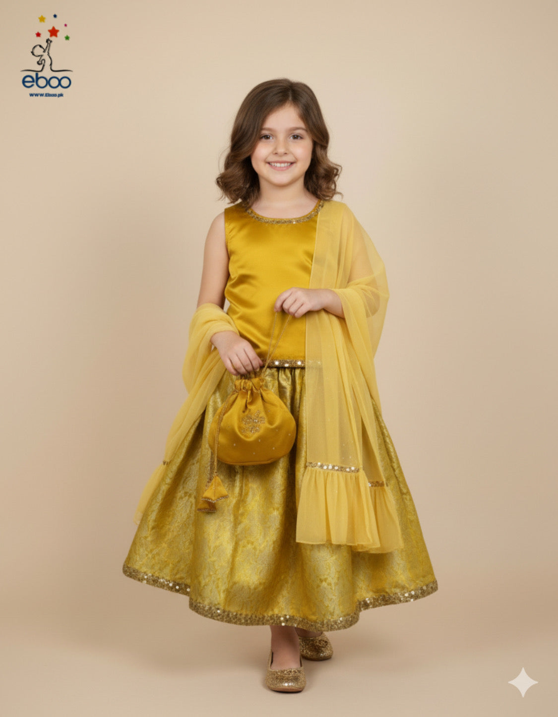 Eboo Golden Mustard Girls’ Traditional 3-Piece Suit – Brocade Skirt, Satin Top & Sheer Dupatta