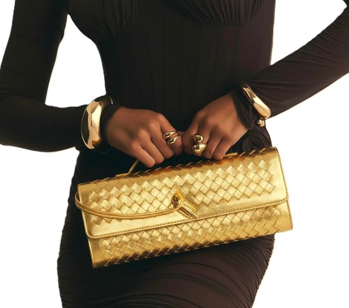 Eboo Elegant Woven Leather-Look Shoulder Bag with Gold-Tone Clasp