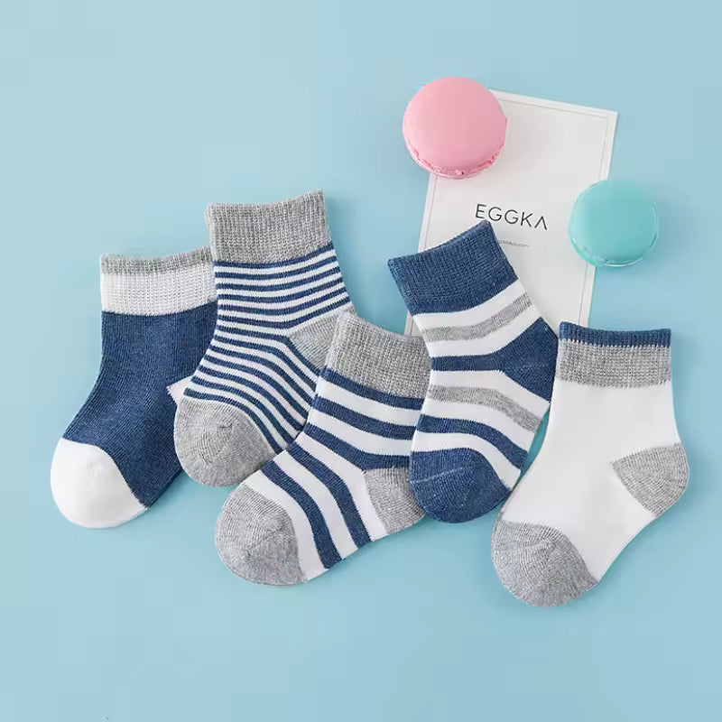 5-Piece Baby Boy/Girl Cotton Socks Set with Stripes & Color Blocks