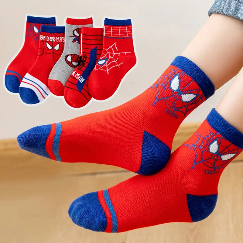 5-Pair Kids Spider-Man Socks Set with Comic Prints