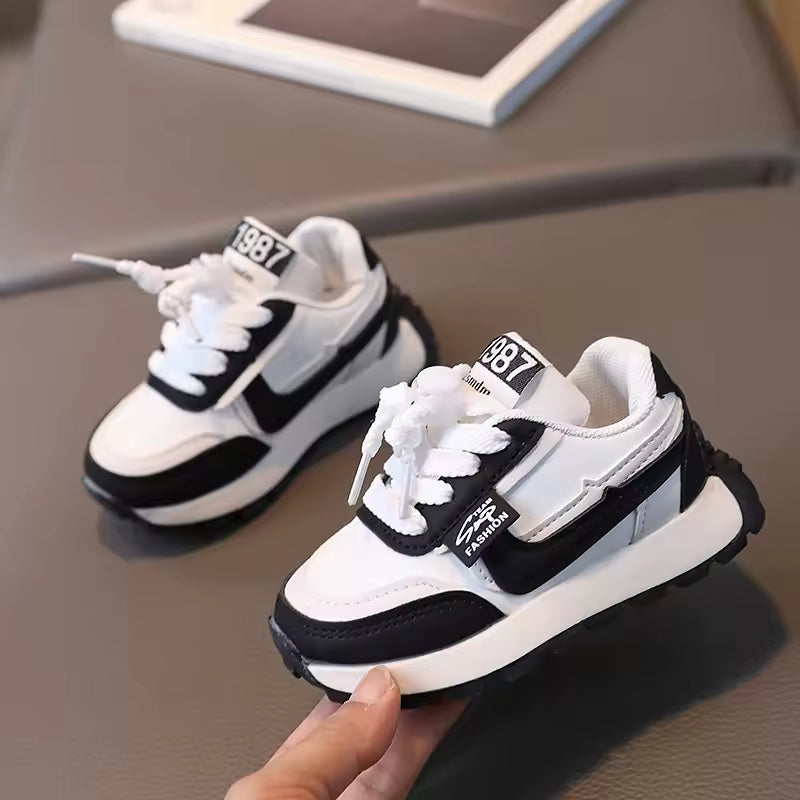 Eboo Kids’ Retro White Sneakers with Black & Brown Accents