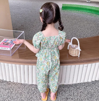 Eboo Toddler Kids Little Girls Summer Outfits Floral Ruffle Crop Top Shirt (GREEN)