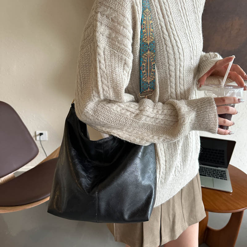 Eboo Wide Strap Shoulder Bag for Women Crossbody Bags Large Capacity Retro PU Leather Handbag for Shopping Travel