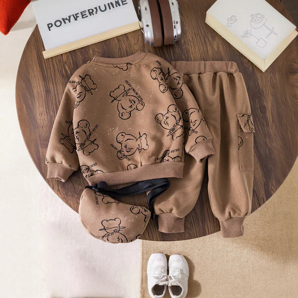 Eboo Boys Bear Printed Sweatshirt With Sling Bag & Jogger Co-ord Set