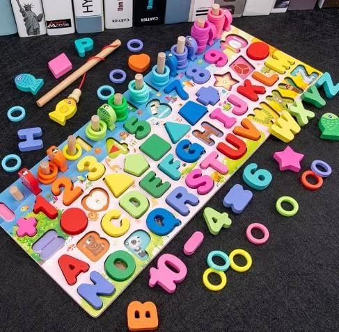 Wooden Learning Toy with Letters, Numbers, & Shapes