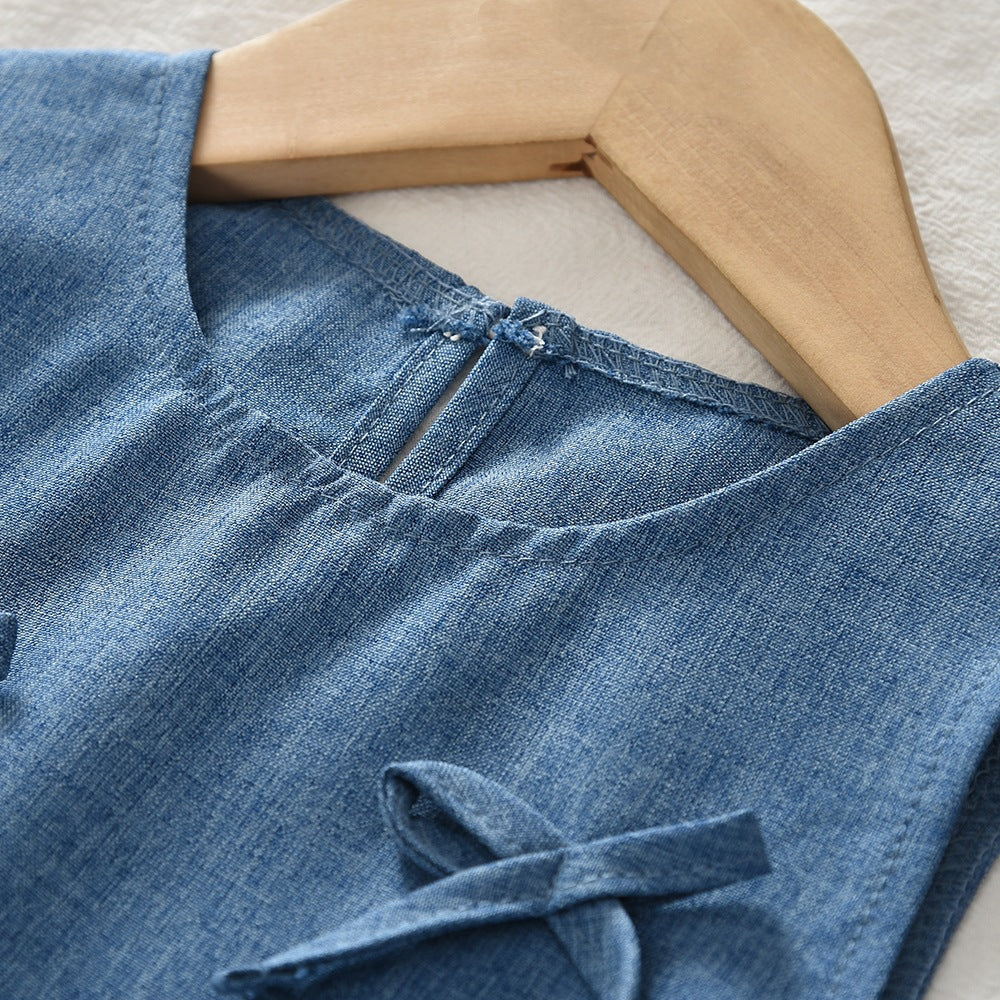 Eboo Baby Girls Denim Blue Bow Sleeveless Top & Wide Leg Pants Co-Ord Set