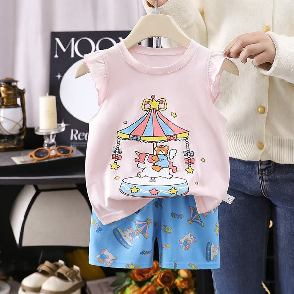 Eboo Baby Girl Summer Cotton 2-Piece Outfit Ã¢?? Pink Carousel Unicorn Sleeveless Top & Printed Shorts Set