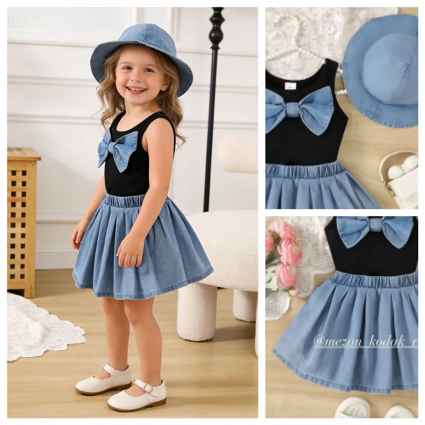 Eboo Baby Girls Black & Blue Bow Sleeveless Top with Flared Skirt – 2-Piece Outfit Set