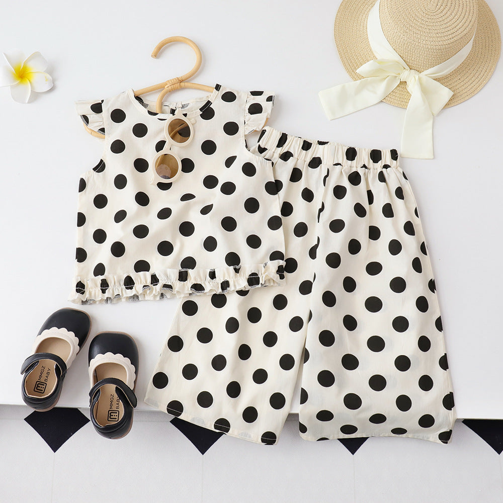 Eboo Baby Girls Black & White Polka Dot Flutter Sleeve Top & Wide Leg Pants Co-Ord Set
