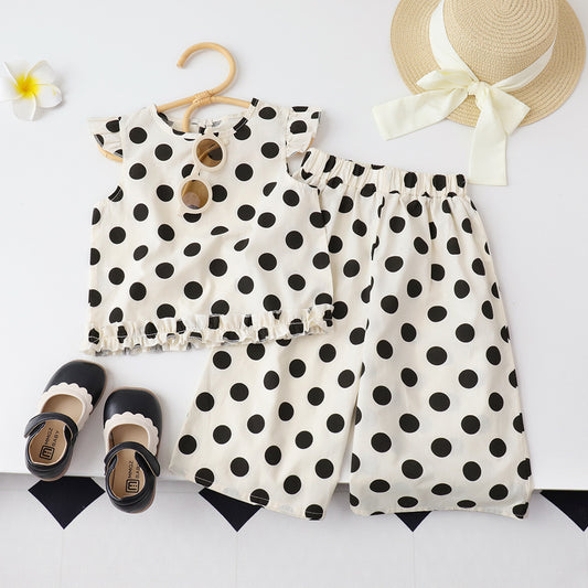 Eboo Baby Girls Black & White Polka Dot Flutter Sleeve Top & Wide Leg Pants Co-Ord Set