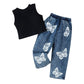 Eboo Baby Girl Butterfly Denim Outfit – Ribbed Sleeveless Top & Butterfly Print Jeans (2-Piece Set)