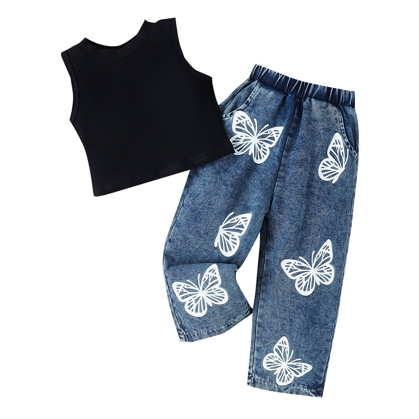 Eboo Baby Girl Butterfly Denim Outfit – Ribbed Sleeveless Top & Butterfly Print Jeans (2-Piece Set)