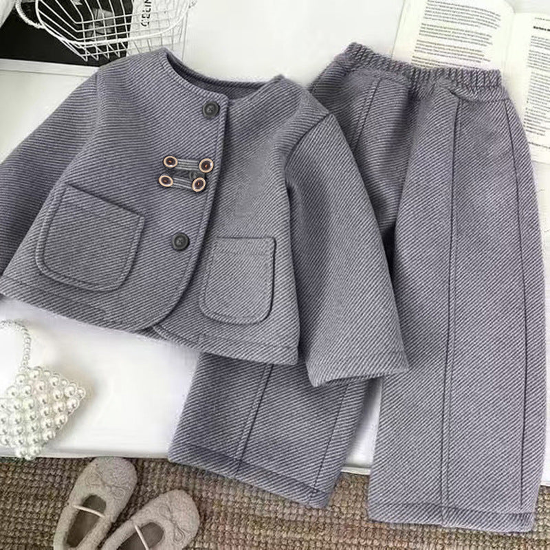 Eboo Children's Korean Style Set Round Neck Coat & Straight Leg Pants