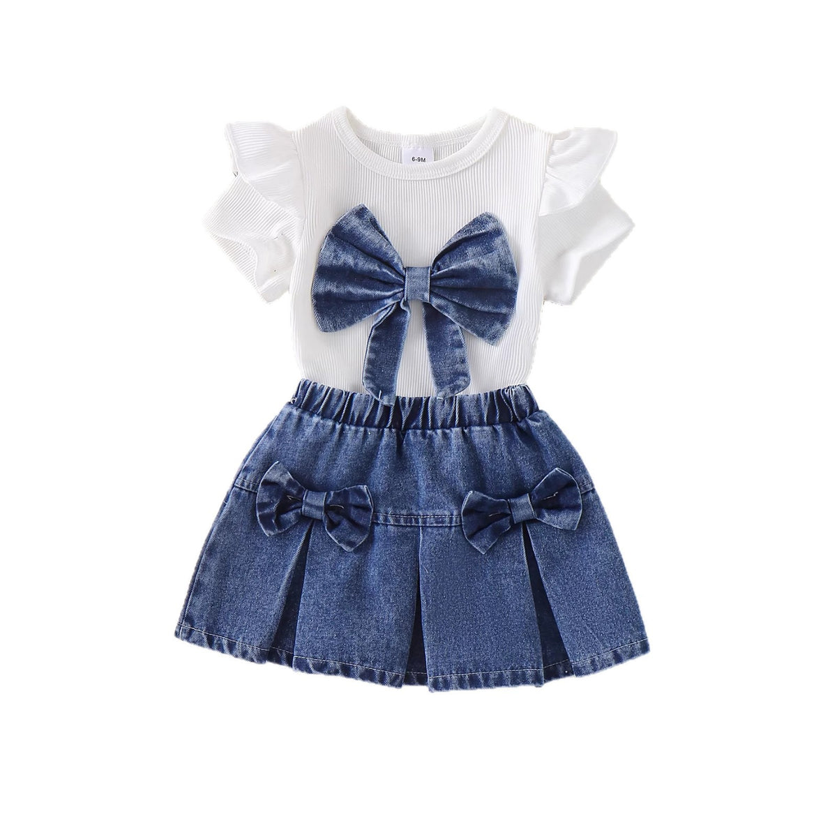 Eboo Girls Denim Bow Skirt & Ribbed Ruffle Sleeve Top 2-Piece Outfit Set