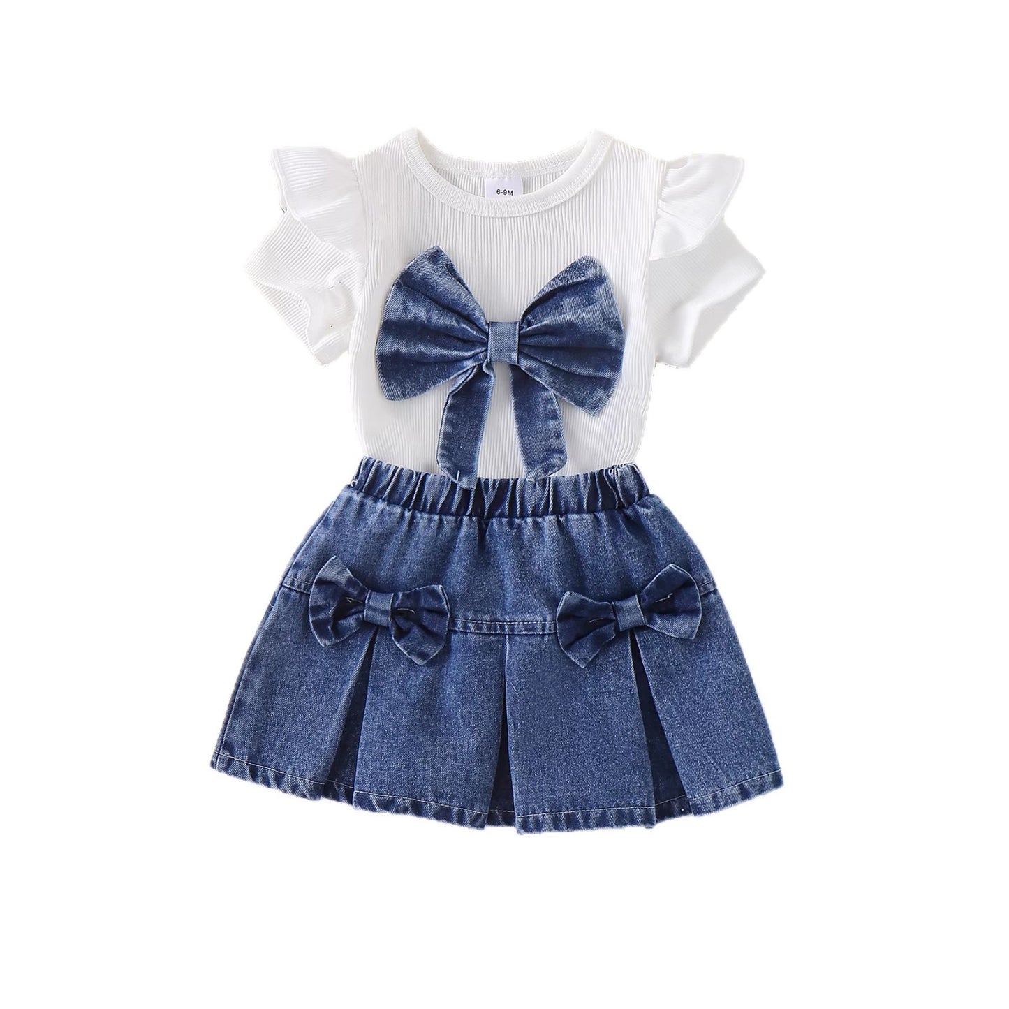 Eboo Girls Denim Bow Skirt & Ribbed Ruffle Sleeve Top 2-Piece Outfit Set