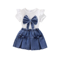 Eboo Girls Denim Bow Skirt & Ribbed Ruffle Sleeve Top 2-Piece Outfit Set