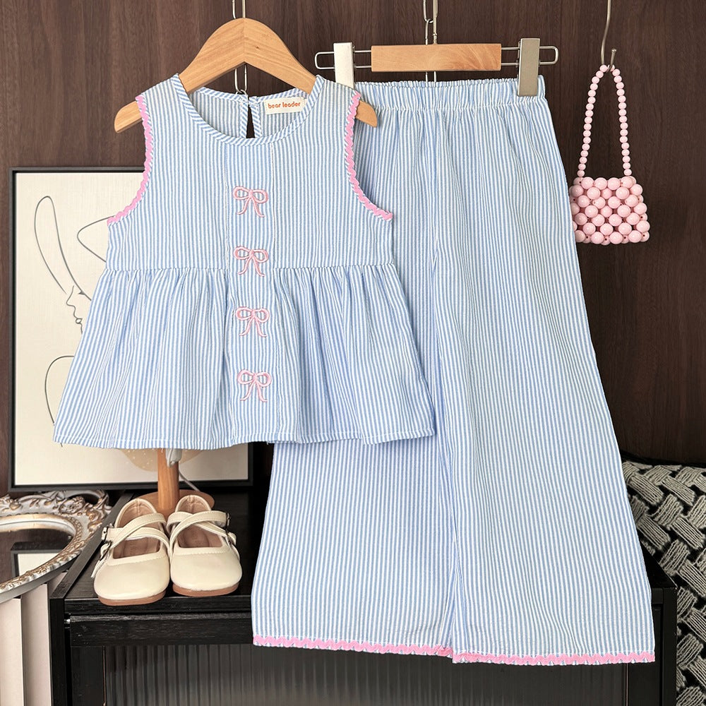 Eboo Eboo Baby Girls Blue Striped Bow Sleeveless Top & Wide Leg Pants Co-Ord Set
