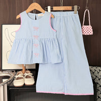 Eboo Eboo Baby Girls Blue Striped Bow Sleeveless Top & Wide Leg Pants Co-Ord Set