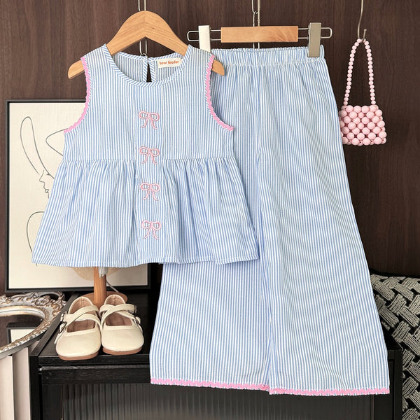 Eboo Eboo Baby Girls Blue Striped Bow Sleeveless Top & Wide Leg Pants Co-Ord Set