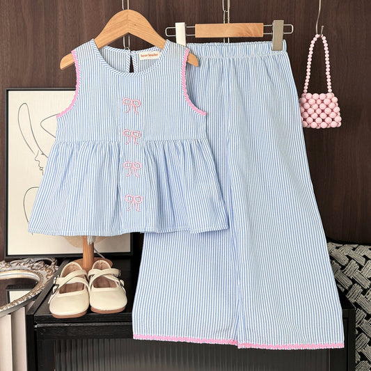 Eboo Eboo Baby Girls Blue Striped Bow Sleeveless Top & Wide Leg Pants Co-Ord Set