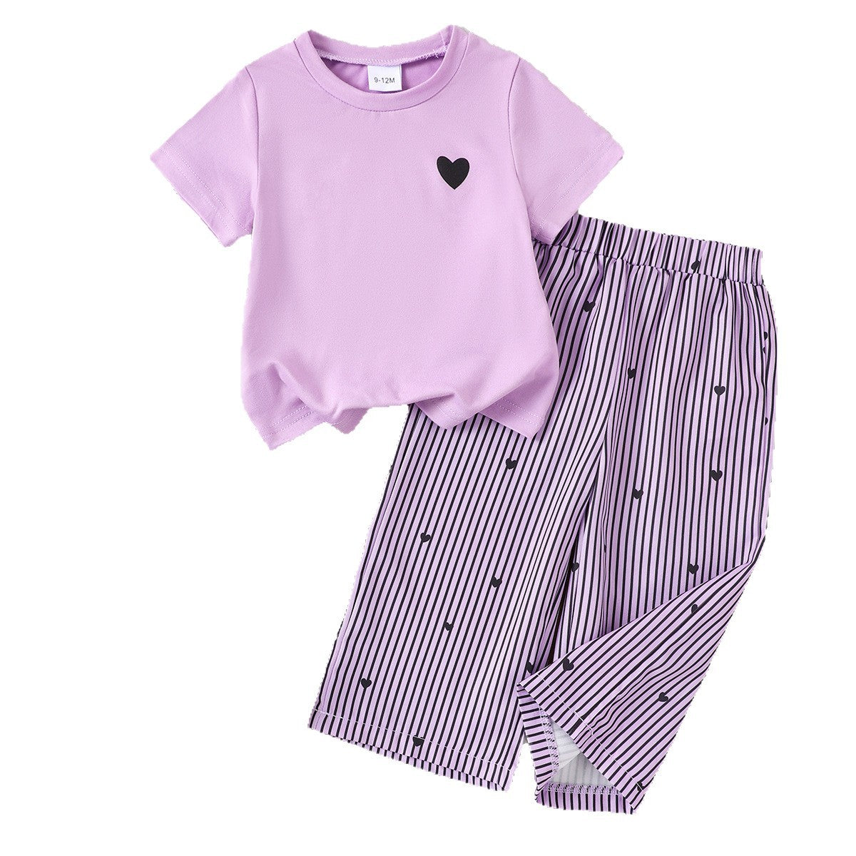 Eboo Baby Girls Lavender Heart T-Shirt & Striped Wide Leg Pants Co-Ord Set