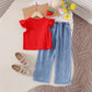 Eboo Baby Girl Cherry Denim Outfit – Ruffle Sleeve Top & Embroidered Wide-Leg Jeans (2-Piece Set)