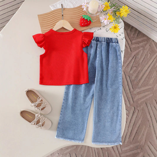 Eboo Baby Girl Cherry Denim Outfit – Ruffle Sleeve Top & Embroidered Wide-Leg Jeans (2-Piece Set)