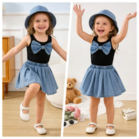 Eboo Baby Girls Black & Blue Bow Sleeveless Top with Flared Skirt • 2-Piece Outfit Set