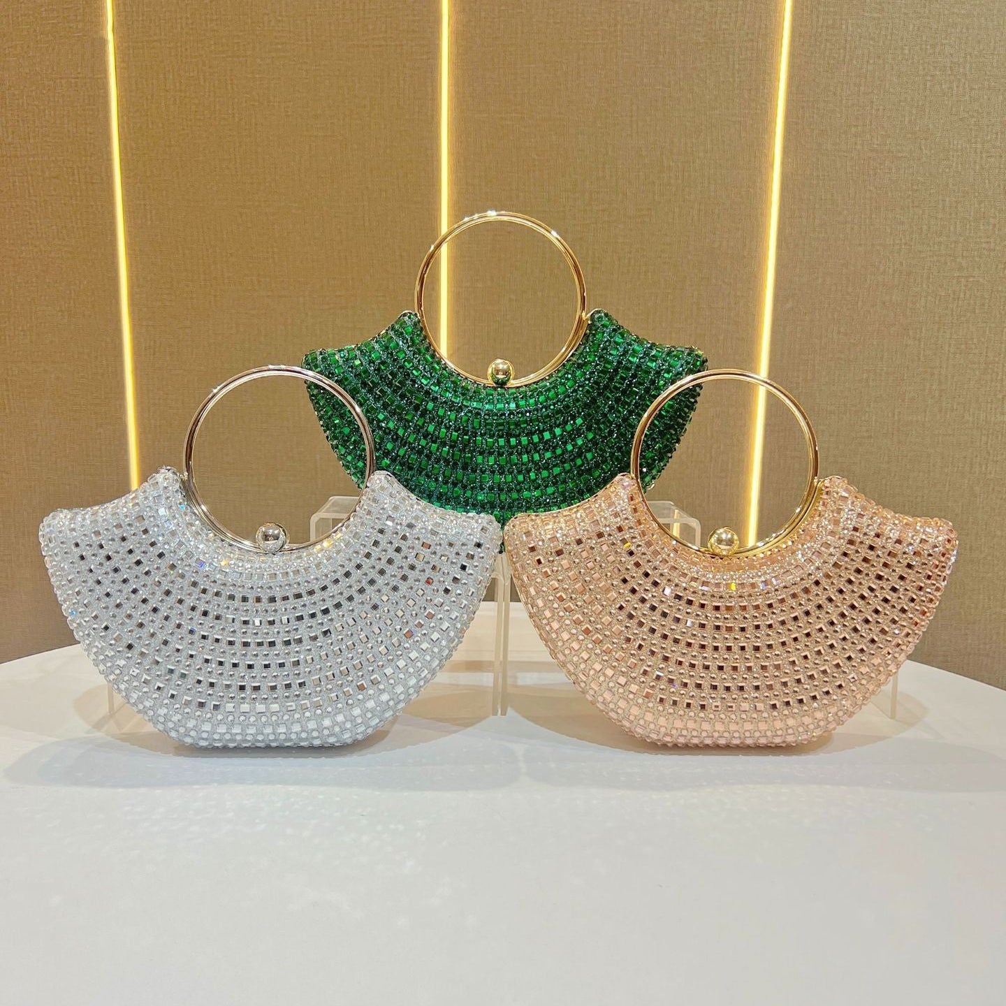 Eboo Luxury Crystal Crescent Clutch Bag for Women – Rhinestone Evening Party Handbag with Ring Handle